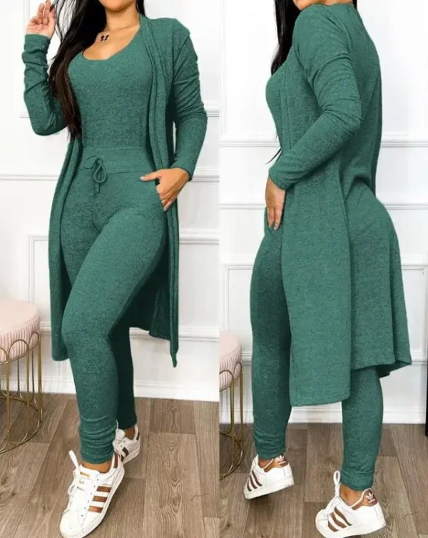 Autumn Women's New Drawstring Pocket Design Jumpsuit & Coat Set Temperament Commuting Women Fashion Suit Sets Two Piece Outfits - Image 2