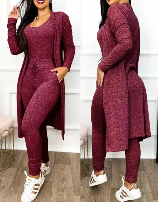 Autumn Women's New Drawstring Pocket Design Jumpsuit & Coat Set Temperament Commuting Women Fashion Suit Sets Two Piece Outfits - Image 3