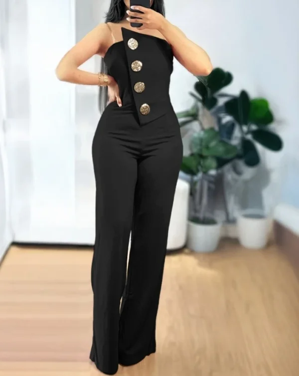 Sexy Asymmetrical Bandeau Strapless Jumpsuit Metal Button Decor Casual Overalls 2025 Woman Long Jumpsuits Elegant