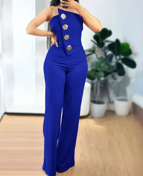 Sexy Asymmetrical Bandeau Strapless Jumpsuit Metal Button Decor Casual Overalls 2025 Woman Long Jumpsuits Elegant - Image 6