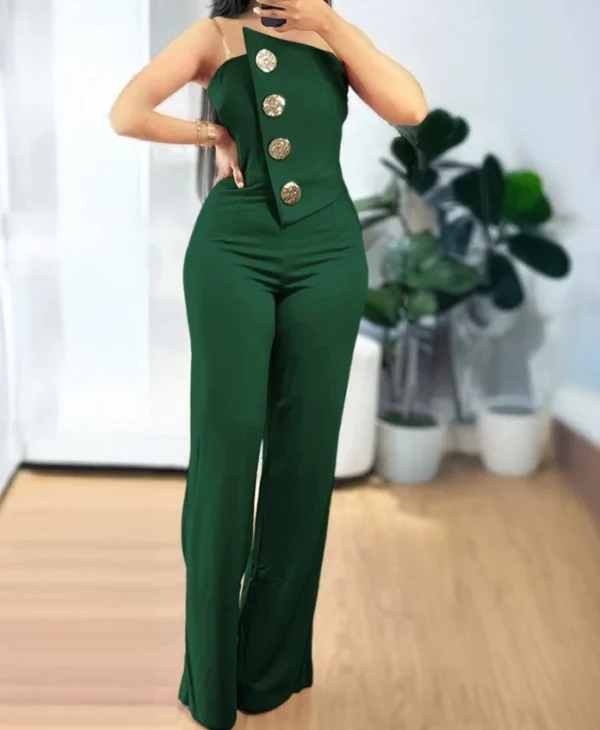 Sexy Asymmetrical Bandeau Strapless Jumpsuit Metal Button Decor Casual Overalls 2025 Woman Long Jumpsuits Elegant - Image 4