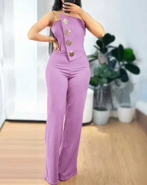 Sexy Asymmetrical Bandeau Strapless Jumpsuit Metal Button Decor Casual Overalls 2025 Woman Long Jumpsuits Elegant - Image 3