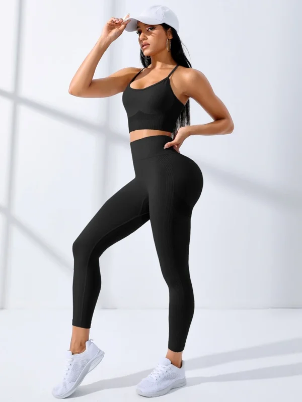 Women Yoga Set 2/Pcs Seamless Workout Outfits Yoga Sportswear Tracksuit Leggings And Thin Shoulder Strap Stretch Sports Bra Fit- Size : M - Color : black