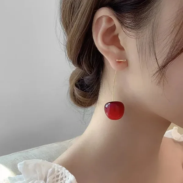 Sweet Red Cherry Earrings Ladies Fashion Delicate Fruit Design Drop Dangle Earrings Wedding Party Korean Ear Jewelry Gift - Image 2