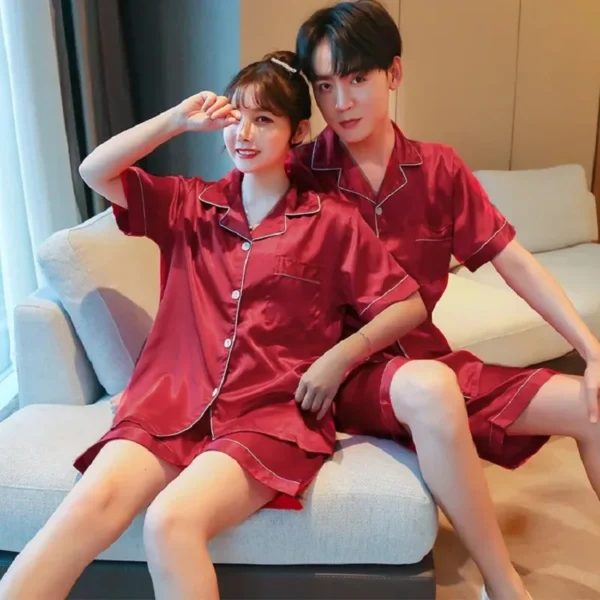 Solid Color Sleepwear Silk Satin Pajamas Couple Set Short-sleeved Pyjamas Suit Pijama Women Men Loungewear Plus Size Pj Set - Image 2