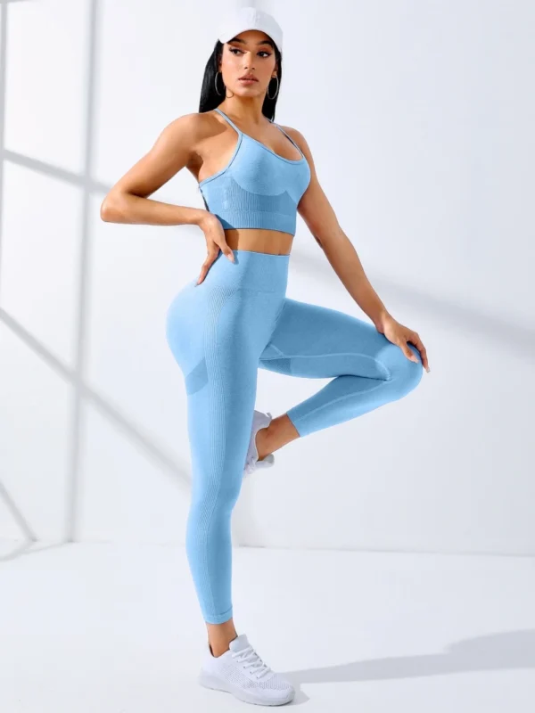 Women Yoga Set 2/Pcs Seamless Workout Outfits Yoga Sportswear Tracksuit Leggings And Thin Shoulder Strap Stretch Sports Bra Fitn - Color : SKY BLUE - Size : S