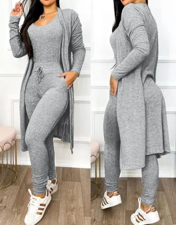 Autumn Women's New Drawstring Pocket Design Jumpsuit & Coat Set Temperament Commuting Women Fashion Suit Sets Two Piece Outfits - Image 4