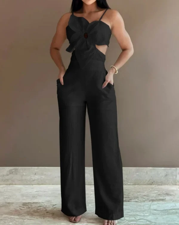 Elegant Women's Jumpsuit 2024 Summer Fashion Flower Pattern Splicing Lace Up Hollow Casual Pocket High Waist Casual Jumpsuit