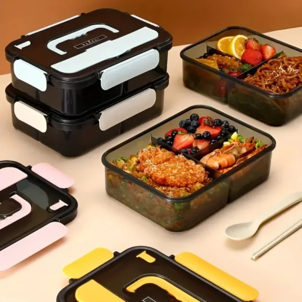 3 Compartments Simple Leak-Proof Bento Lunch Box with Tableware Microwavable Food Container for Students Office Picnic Camping